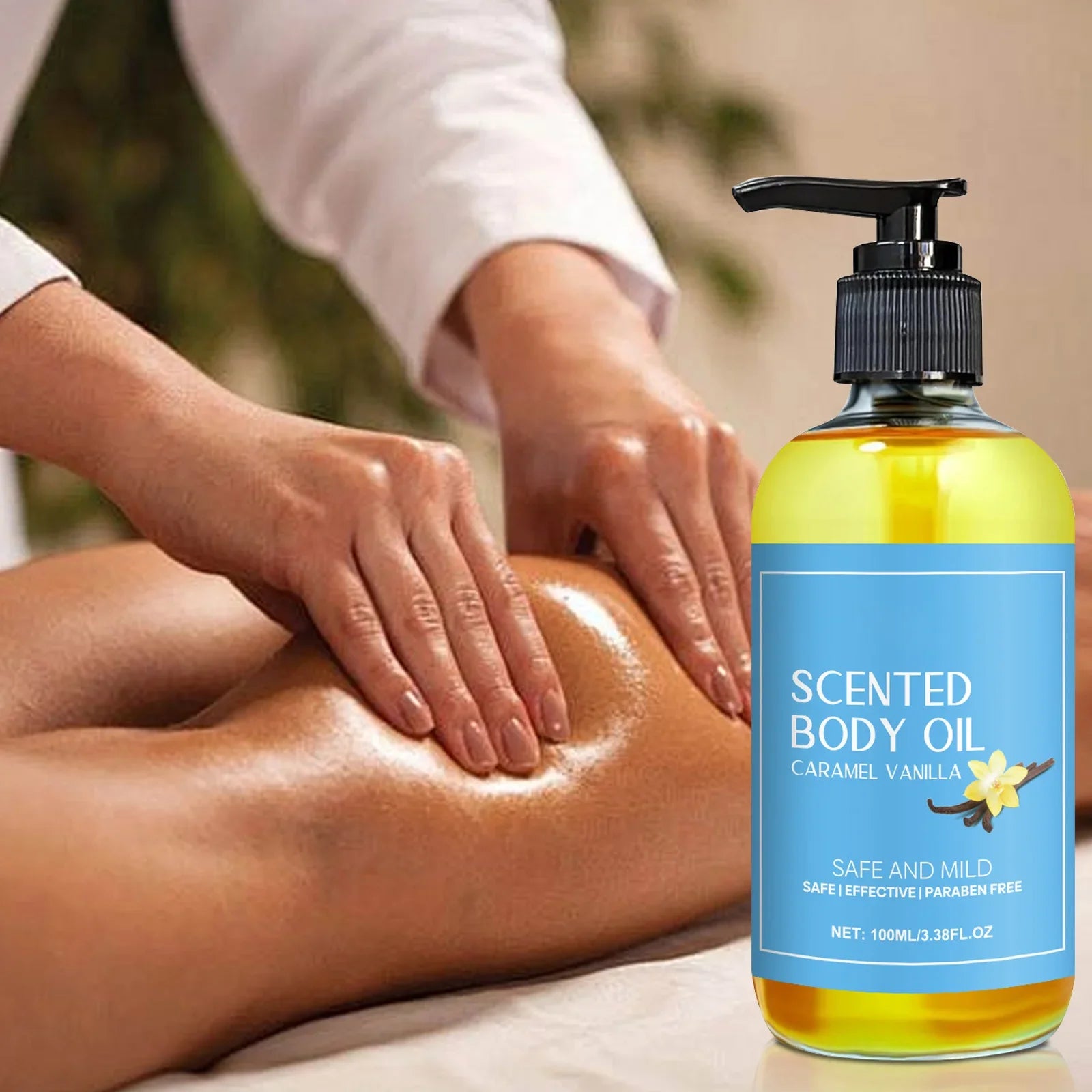 Stress Relief Body Oil with Vanilla - Deeply Moisturizes & Soothes Muscles, Herbal Formula for Relaxing Bath & Massage.
